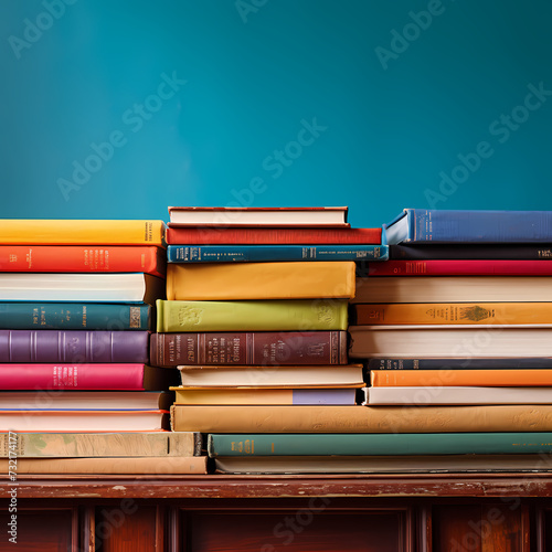 A stack of colorful books on a shelf.