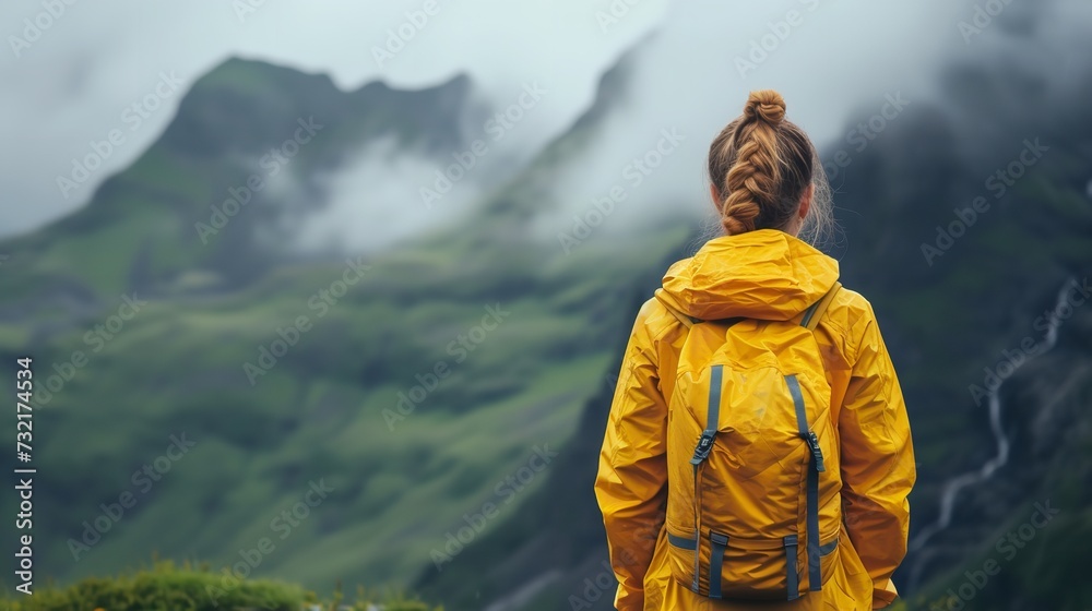 A woman hiking in rain with wearing rain coat with a empty space, Generative AI.