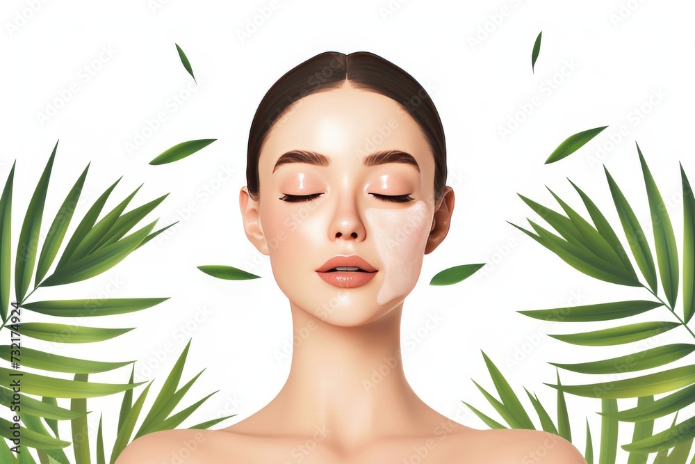 Skincare Model cosmetics model. Well groomed woman uses unna thost disease, ampoule lip balm, lotion & eye patch. Face cream Face wash jar reversing signs of aging pot