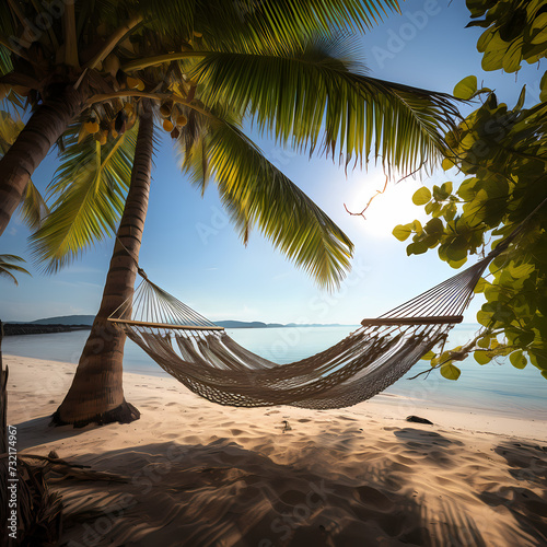 A tranquil beach scene with a hammock between palm trees © Cao