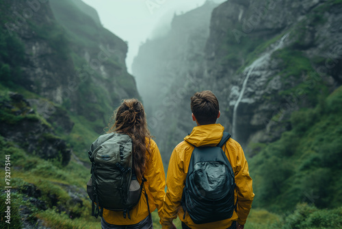 Highland Companionship: Explorers Gazing Over Misty Mountains"