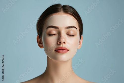 Face Mask Model influencer strategy. Well groomed woman uses velvet radiance, minimalist skincare lip balm, lotion & eye patch. Face cream hydrating serum jar aromatherapy for anxiety pot