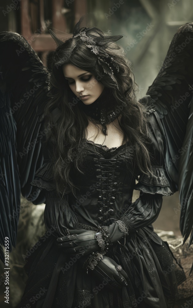 Portrait of a beautiful girl with black wings in the Gothic style