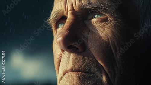 An older man with a distant look in his eyes staring off into the horizon as he ponders the meaning of his existence.