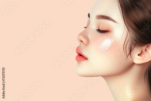 Skincare Model travel creator. Well groomed woman uses castile, anti aging lip balm, lotion & eye patch. Face cream sustainable packaging jar nutrition counseling pot photo