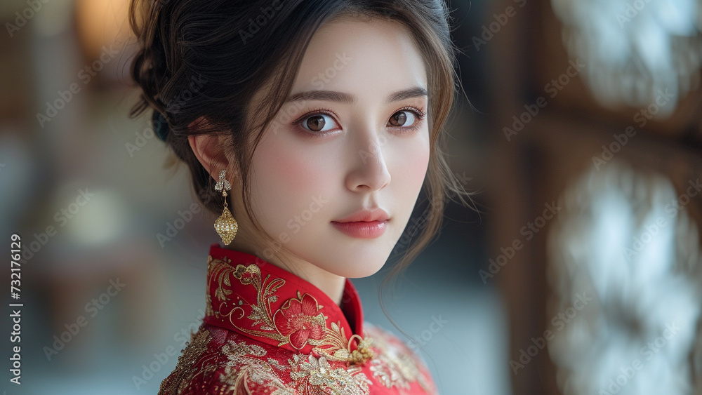 Fototapeta premium Elegant Fusion Asian Woman in Opulent Traditional Attire