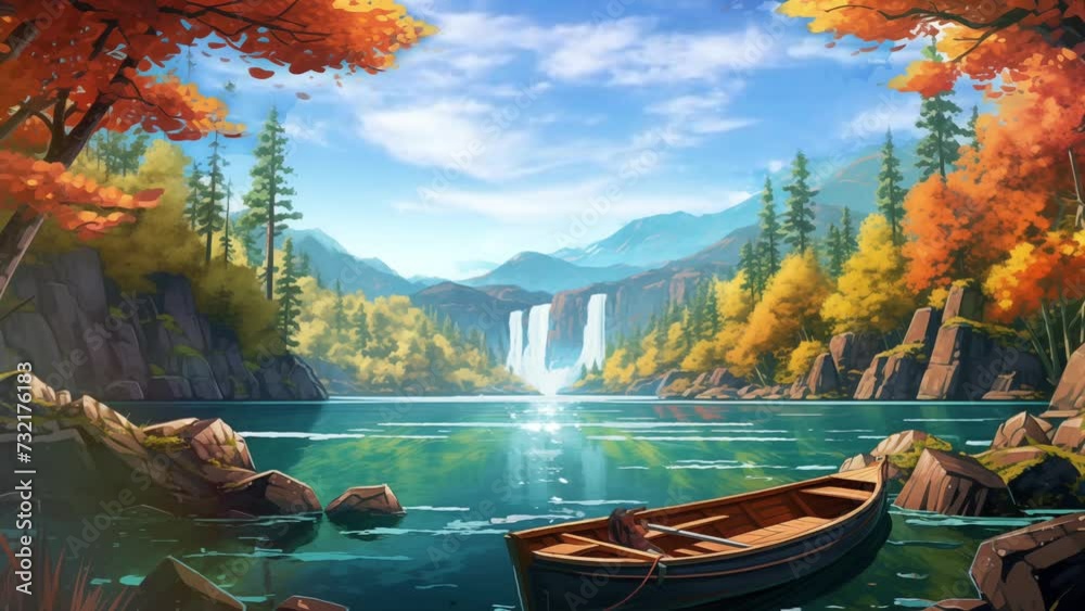 Animated illustration of a small lake in the middle of the forest with a wooden lifeboat. Forest views with natural lakes. Animated scenery background illustration.