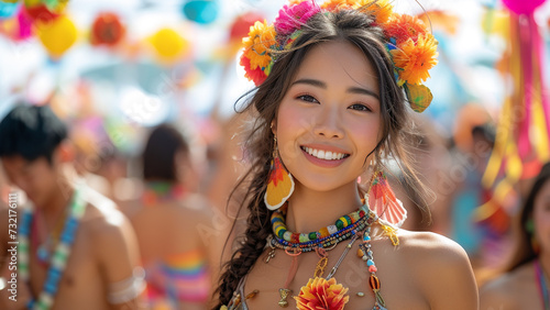 Energetic Asian Woman Dancing Amidst Music Festival Crowd