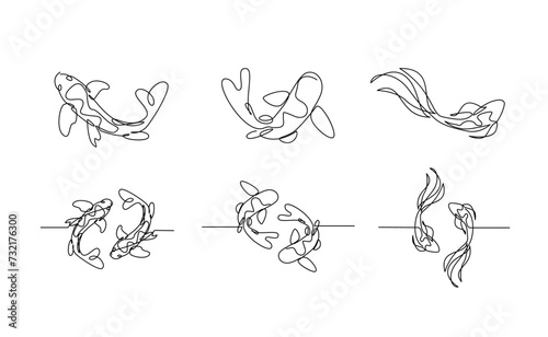 koi carp fish on the white background in a continuous single line drawing style template