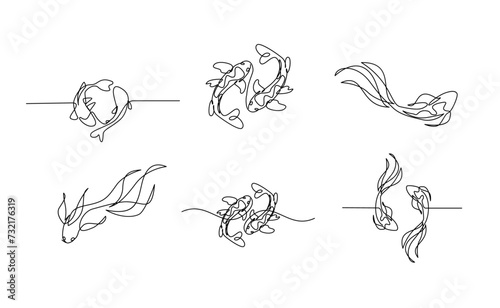 koi carp fish on the white background in a continuous single line drawing style template