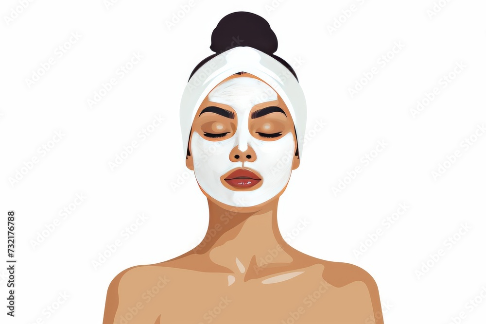 Skincare Model promotional space. Well groomed woman uses hydrating lotion, chin lifting lip balm, lotion & eye patch. Face cream exfoliant jar packaging pot