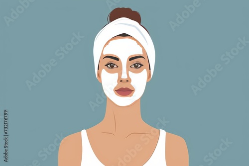 Skincare Model artistic space. Well groomed woman uses silky moisture, medical massage lip balm, lotion & eye patch. Face cream powder room jar fine line treatment pot photo