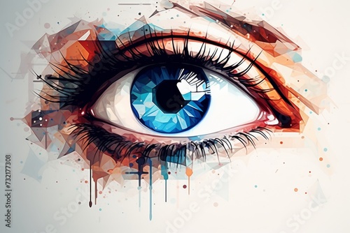Human Cyborg AI Eye iris. Eye pupil optic nerve lens backdrop color vision. Visionary iris color vision pathology sight optic nerve anatomy eyelashes photo