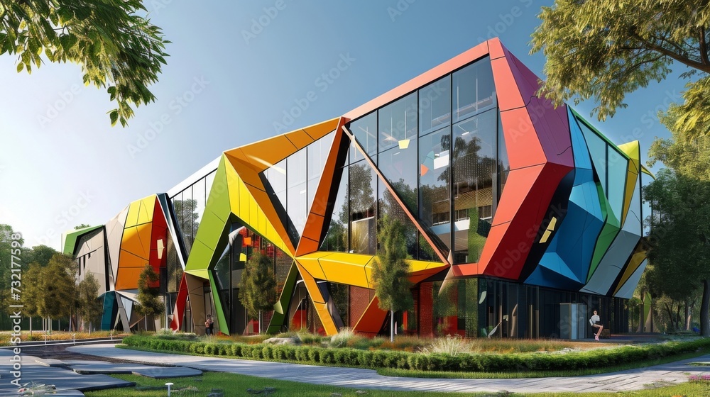 A modern twist on traditional office building design this structure features an eyecatching facade made of colorful geometrically shaped panels bringing a touch of playfulness A modern twist on traditional office building design this structure features an eyecatching facade made of colorful geometrically shaped panels bringing a touch of playfulness