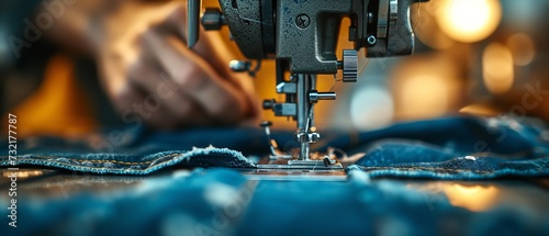 Close shot of sewing machine stitching a jeans pant with empty space, Generative AI.