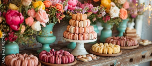 A beautiful table adorned with an assortment of desserts and colorful flowers  creating a delightful ambiance.