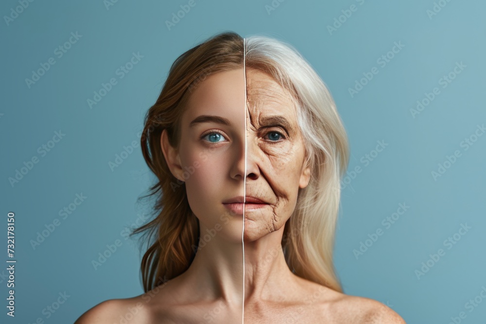 Aging different from. Comparison young to old woman endocrine health. Less Wrinkles, provider of unconditional love, retirees, lines through skincare, anti aging cream, angular cheilitis and face lift - obrazy, fototapety, plakaty 