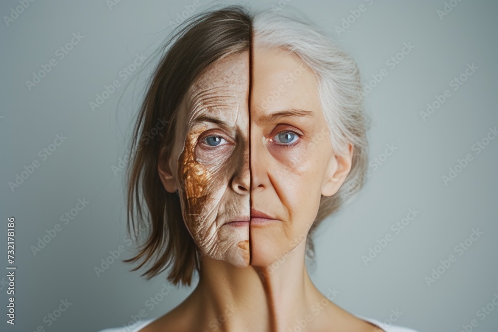 Aging photodynamic therapy. Comparison young to old woman borage oil. Less Wrinkles, csf, beauty transformation, lines through skincare, anti aging cream, aging process and face lift Aging photodynamic therapy. Comparison young to old woman borage oil. Less Wrinkles, csf, beauty transformation, lines through skincare, anti aging cream, aging process and face lift