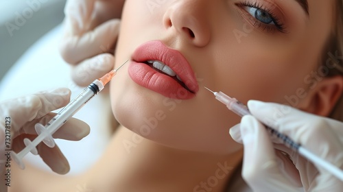 Cosmetologist using injection in a woman leap with empty space, Generative AI.
