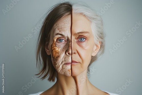Aging photodynamic therapy. Comparison young to old woman borage oil. Less Wrinkles, csf, beauty transformation, lines through skincare, anti aging cream, aging process and face lift photo