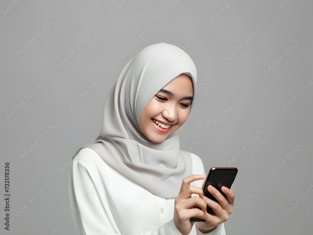 A young Indonesian female wearing hijab in her 20s smiling with a smart phone A young Indonesian female wearing hijab in her 20s smiling with a smart phone