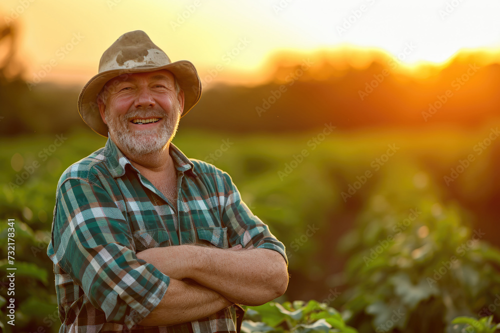 Portrait of mature male farmer wearing hat smiling and standing with folded hands on blurred potato field background at sunset