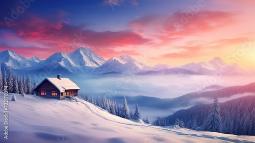 Fantastic winter landscape with wooden house in snowy mountains. Hight mountain peaks in foggy sunset sky. Christmas and winter vacations holiday concept . copy space. © Naknakhone