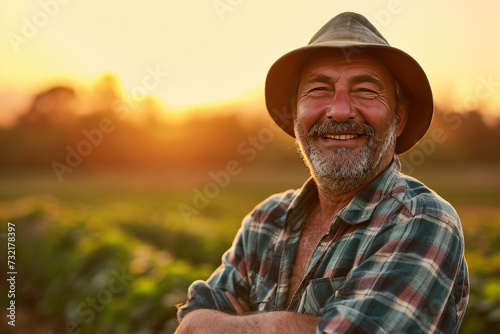 Portrait of mature male farmer wearing hat smiling and standing with folded hands on blurred potato field background at sunset