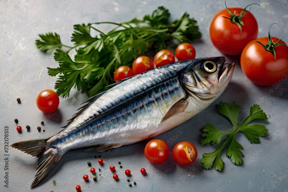 Fresh mackerel with tomatoes, parsley, and peppercorns. Top view on a light background. Perfect seafood composition. Fresh mackerel with tomatoes, parsley, and peppercorns. Top view on a light background. Perfect seafood composition.