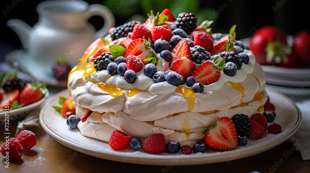 A whole Pavlova cake garnished with whipped cream, crowned with fresh berries and a sprinkle of powdered sugar, placed on a cake stand, Mid-angle Shot A whole Pavlova cake garnished with whipped cream, crowned with fresh berries and a sprinkle of powdered sugar, placed on a cake stand, Mid-angle Shot