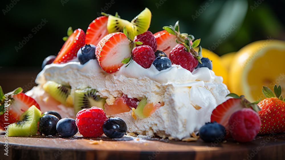 A slice of Pavlova cake crowned with fresh fruits on top served on ceramic plate, Close-up Shot A slice of Pavlova cake crowned with fresh fruits on top served on ceramic plate, Close-up Shot