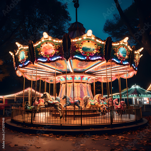 A whimsical carousel with colorful lights. photo