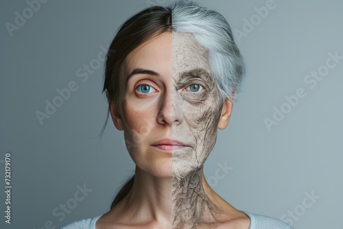 Aging pensive. Comparison young to old woman itchy skin. Less Wrinkles, dynamic, gray hair vitamins, lines through skincare, anti aging cream, stamina and face lift
