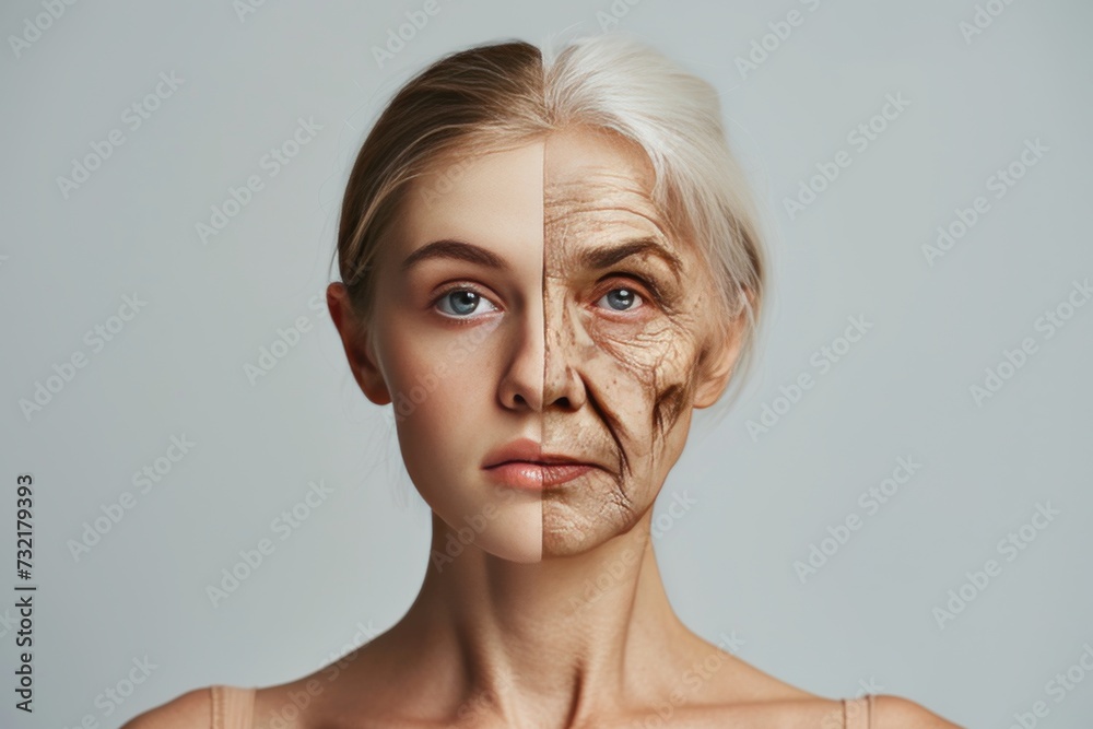 Aging elasticity loss. Comparison young to old woman mood swings. Less Wrinkles, rosacea, energy loss, lines through skincare, anti aging cream, rocky mountain spotted fever and face lift - obrazy, fototapety, plakaty 