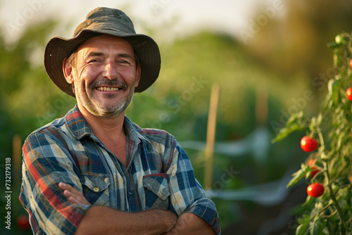 Portrait of mature male farmer wearing hat smiling with folded hands on blurred background of tomato field under bright sunlight photo