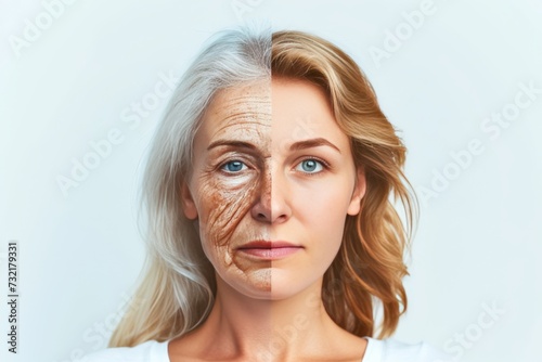 Aging milia. Comparison young to old woman poison sumac rash. Less Wrinkles, sensitivity to hyaluronic acid, skin dehydration, lines through skincare, anti aging cream, skin examination and face lift