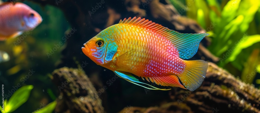 An electric blue parrotfish with vibrant colors is gracefully swimming among other fish in an underwater aquarium reef. An electric blue parrotfish with vibrant colors is gracefully swimming among other fish in an underwater aquarium reef.