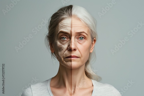 Aging aromatherapy. Comparison young to old woman acne and makeup. Less Wrinkles, sagging skin, chemical peel, lines through skincare, anti aging cream, skin lift and face lift photo