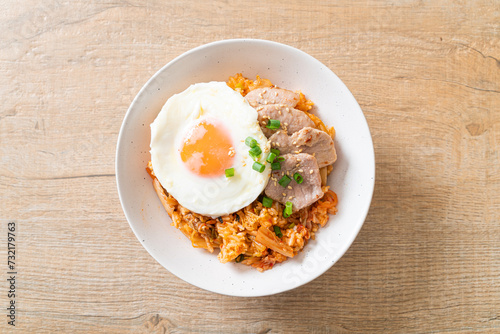 Kimchi fried rice with fried egg and pork
