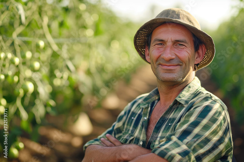 Portrait of mature male farmer wearing hat smiling with folded hands on blurred background of tomato field under bright sunlight