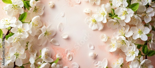 A beautiful arrangement of white flowers on a soft pink background  showcasing the creative arts of floral design in a liquid event.