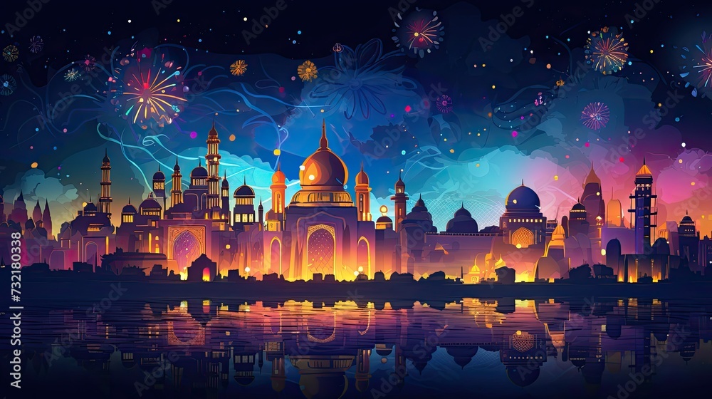 A background with a cityscape adorned with colorful lights during the Diwali festival.