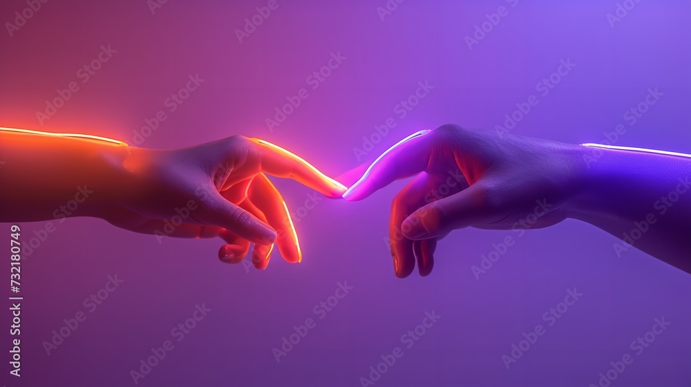 Isolated on a purple background with neon lights, two human hands reach out to touch one other, Generative AI. - obrazy, fototapety, plakaty 