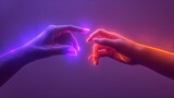 Isolated on a purple background with neon lights, two human hands reach out to touch one other, Generative AI.