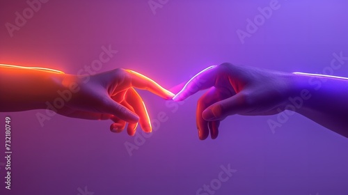 Isolated on a purple background with neon lights, two human hands reach out to touch one other, Generative AI. photo