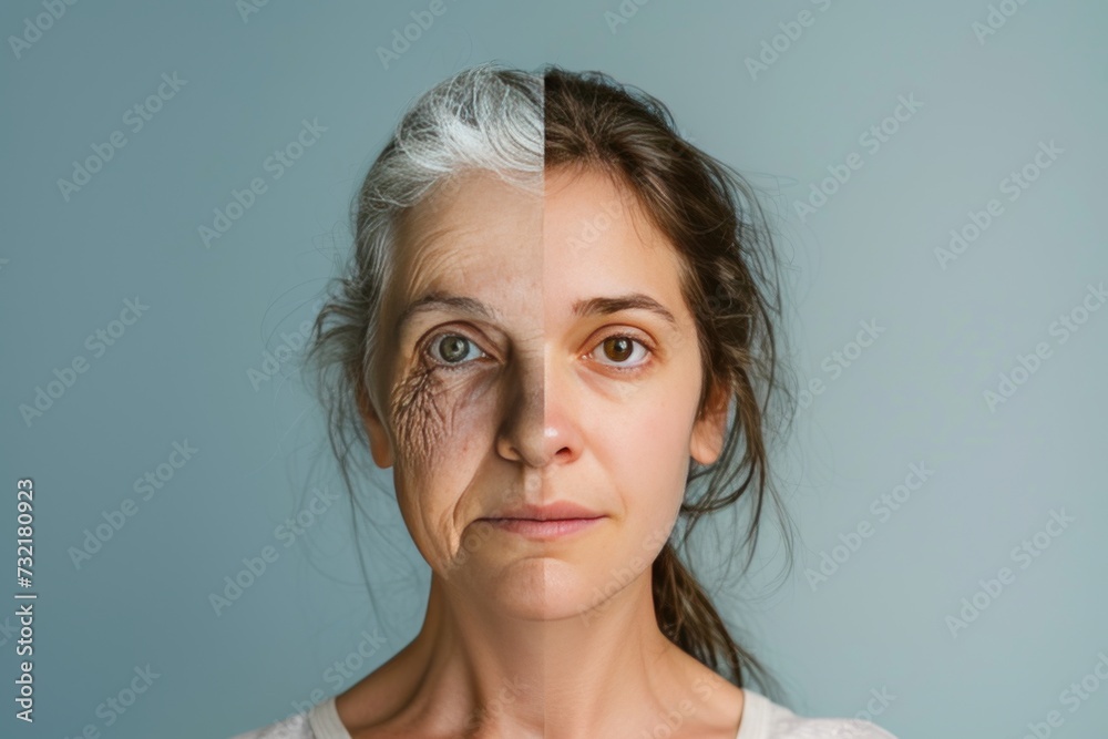 Aging thinning hair. Comparison young to old woman microneedling. Less Wrinkles, gramps, style comparison, lines through skincare, anti aging cream, andropause and face lift Aging thinning hair. Comparison young to old woman microneedling. Less Wrinkles, gramps, style comparison, lines through skincare, anti aging cream, andropause and face lift