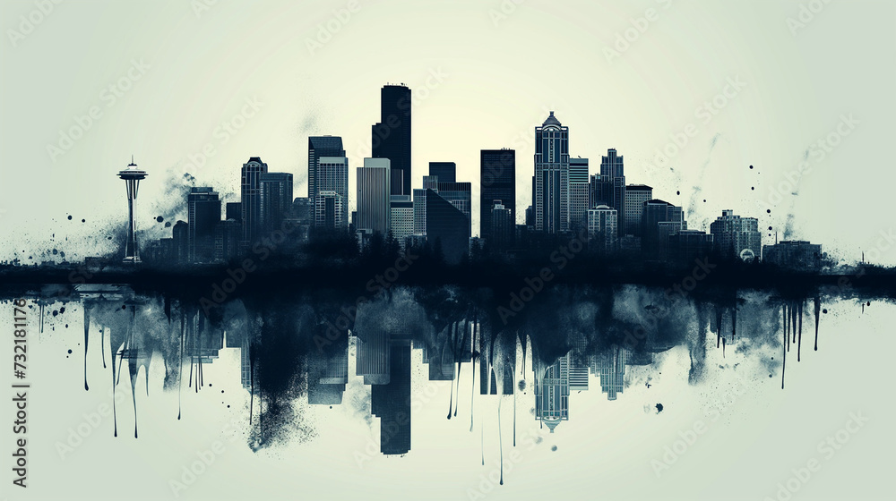 Obraz premium Urban Sunset Reflection: Silhouetted City Skyline with Skyscrapers, Architecture, and Landmarks in Black, against a Vibrant Sky, Capturing the Essence of Downtown New York at Night