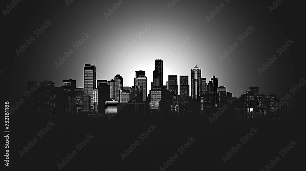 Urban Sunset Reflection: Silhouetted City Skyline with Skyscrapers, Architecture, and Landmarks in Black, against a Vibrant Sky, Capturing the Essence of Downtown New York at Night