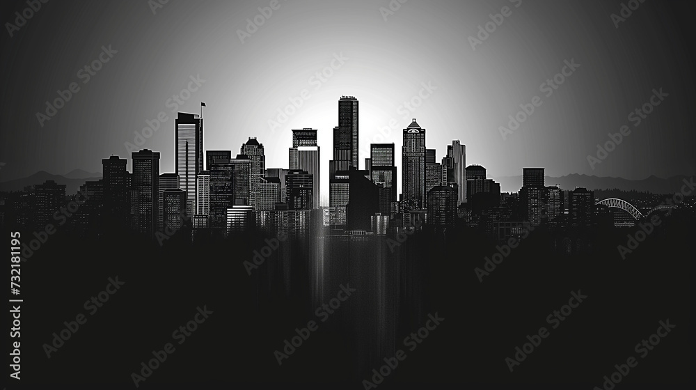 Urban Sunset Reflection: Silhouetted City Skyline with Skyscrapers, Architecture, and Landmarks in Black, against a Vibrant Sky, Capturing the Essence of Downtown New York at Night