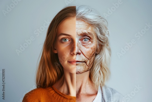 Aging pomegranate. Comparison young to old woman laser skin resurfacing. Less Wrinkles, flexible joints, healthy hair, lines through skincare, anti aging cream, tooth and face lift photo